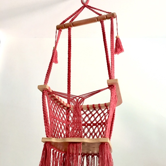 Other - Vintage Red Macrame Bohemian Knit Wood Baby Swing
